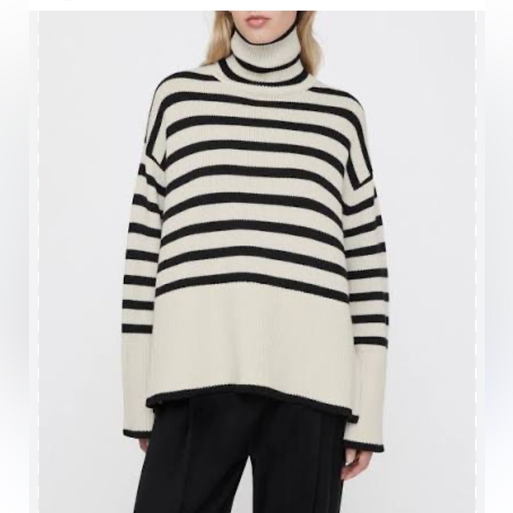 Striped Turtleneck Sweater - Cream and Black